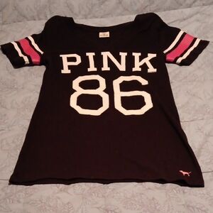 PINK Victoria's Secret Black Tee with Pink & White Sleeve Stripes Size S